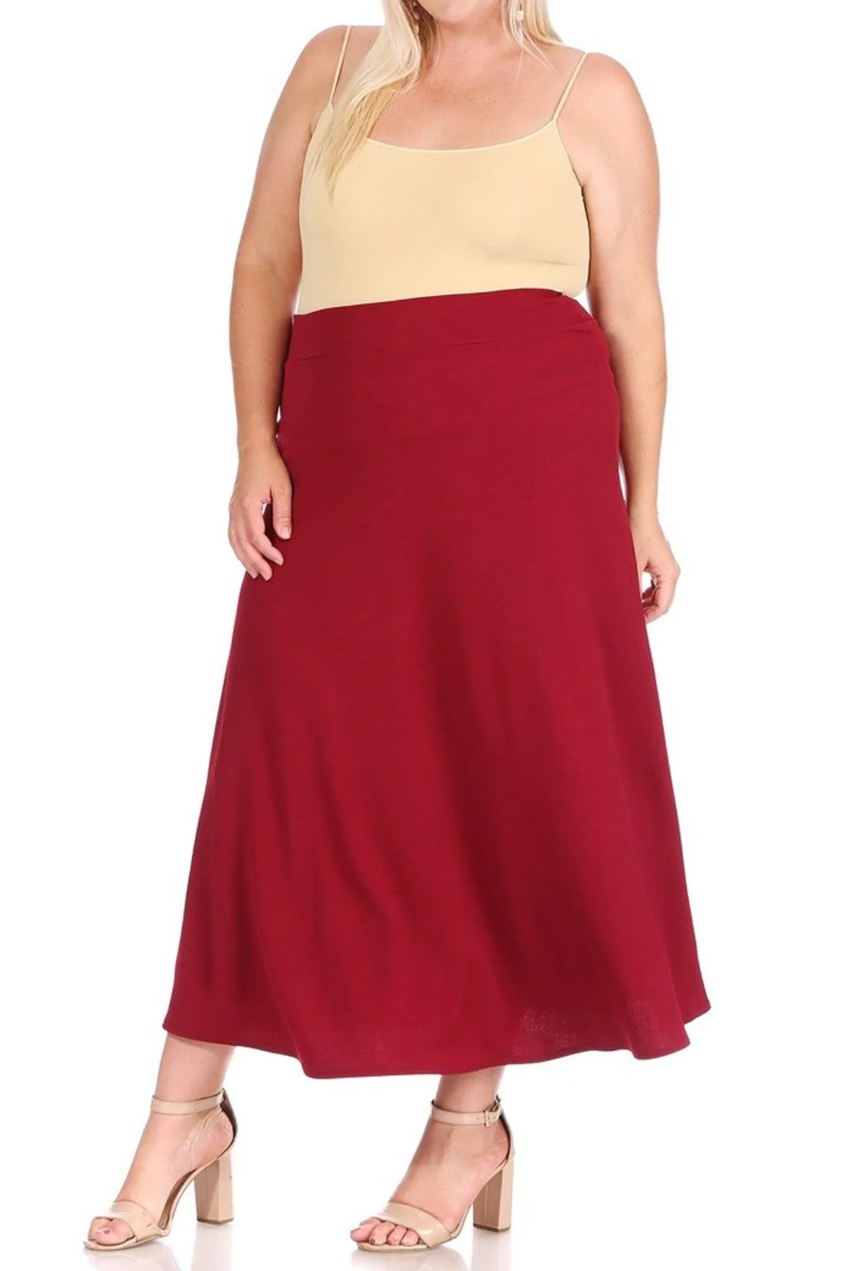 Women's Plus Size Solid  Flare A-line Midi Skirt with Elastic Waistband