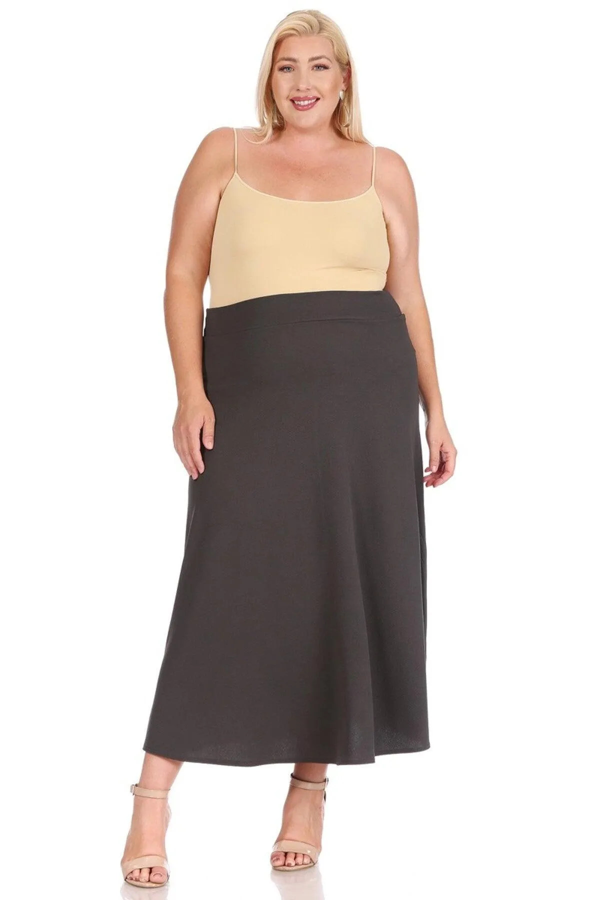 Women's Plus Size Solid  Flare A-line Midi Skirt with Elastic Waistband