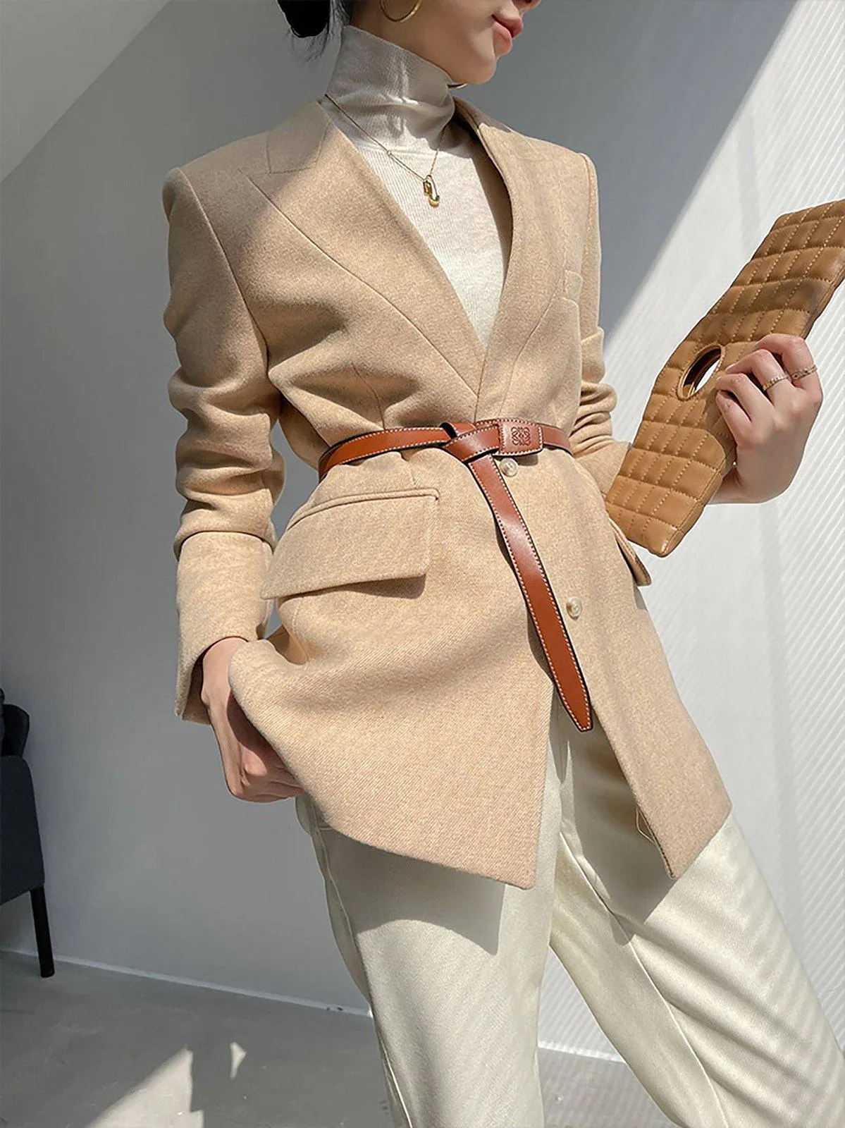 Women's Wheat Wool Blazer Coat,V Neck Wool Suit,Warm Wool Coat,Autumn Blazer Jacket,Oversize Woolen Suit,Office lady Wool Blazer Suit Coat