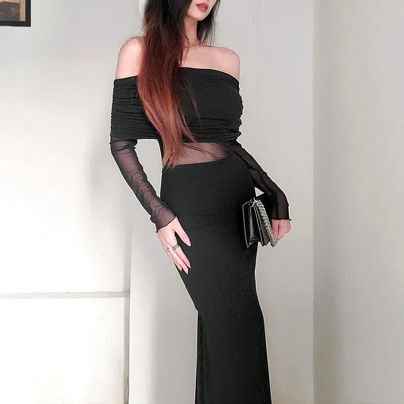 Women's Winter Sexy Off-the-shoulder Pleated Long Sleeve Polyester Dress