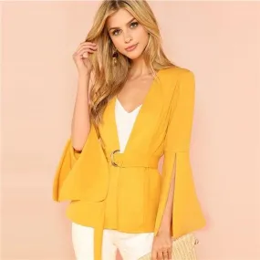 Yellow Split Sleeve Belted Long Sleeve Blazer